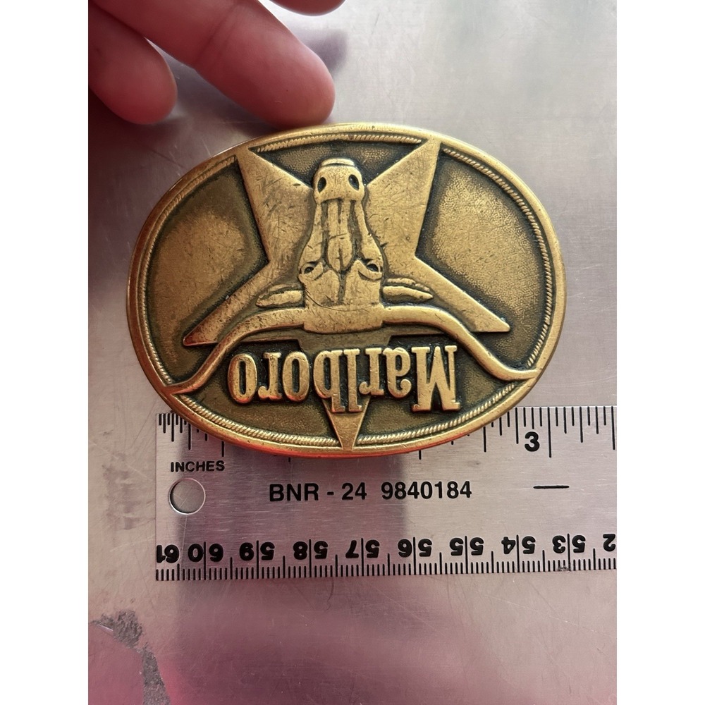 Vintage Brass Marlboro 1980s 1987 Buttrocker Cowboy Western Longhorn Belt Buckle - Picture 5 of 5